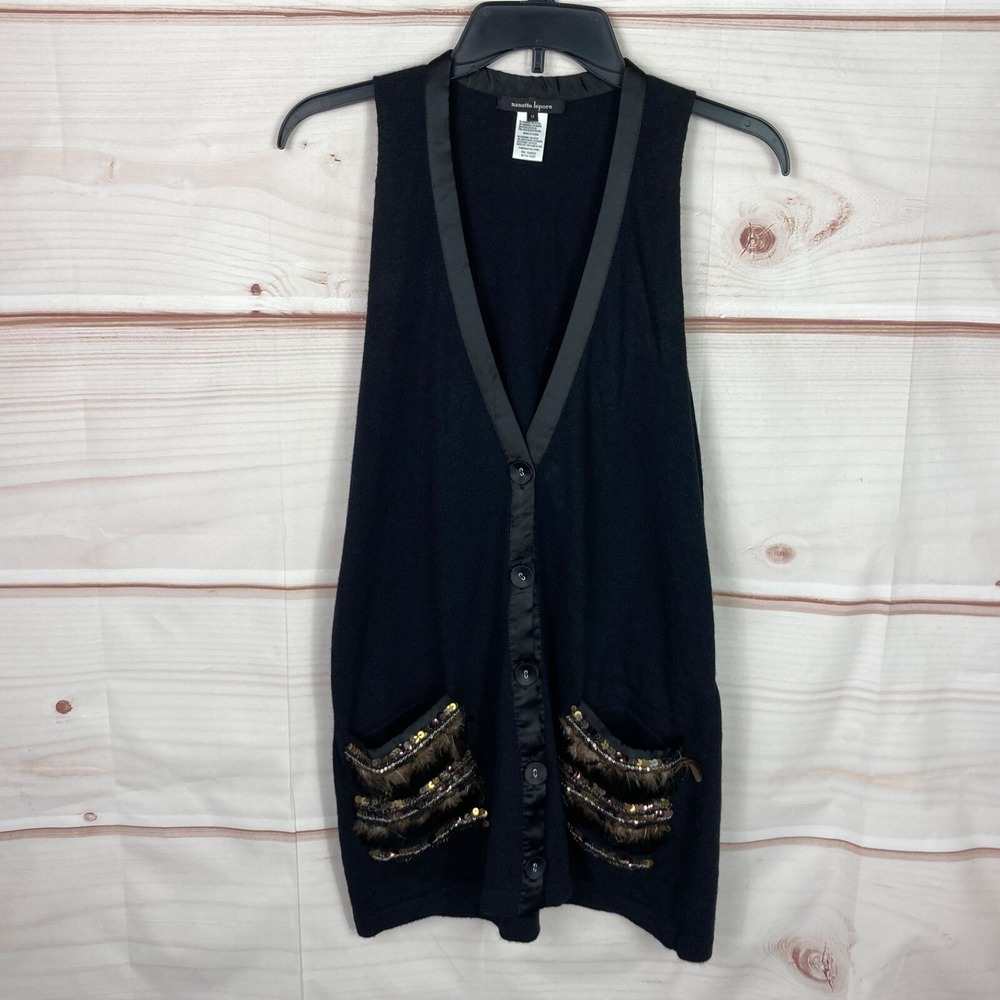 Nanette Lepore Vest Womens M Black Cashmere Wool V-Neck Peacock Feather‎ Pockets
